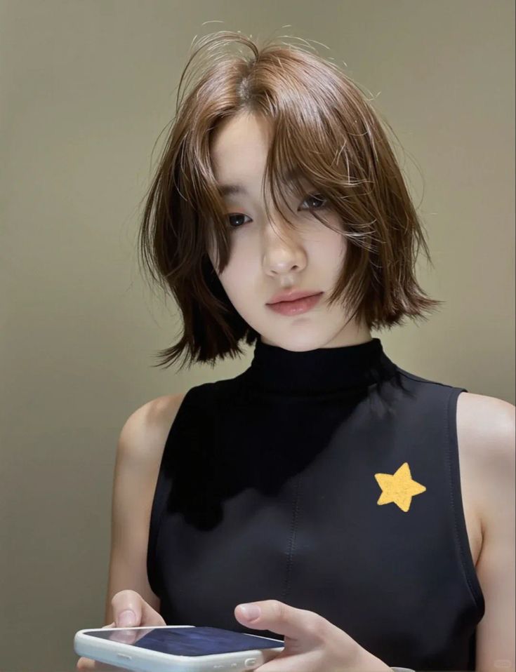 A woman with layered bob haircut and see-through fringe