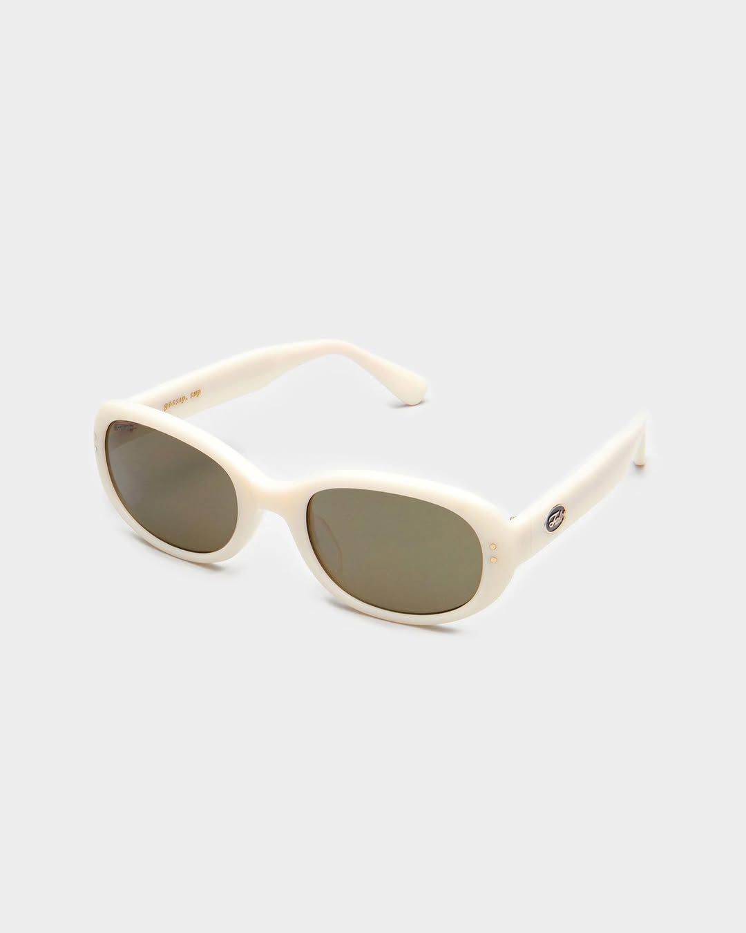 Front and angled view of ivory oval sunglasses