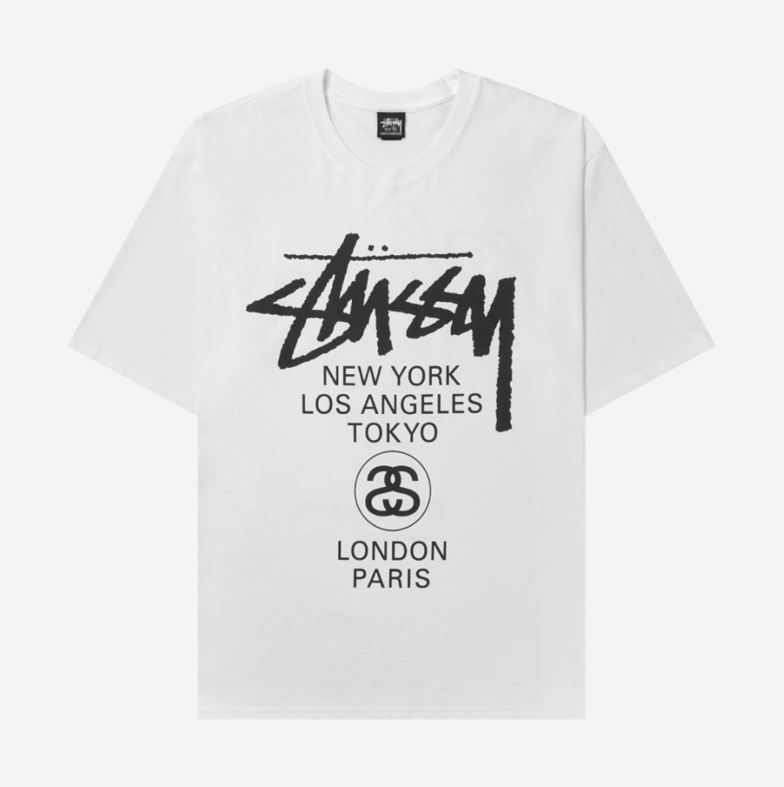 White t-shirt featuring Stüssy logo and city graphics on front and back.